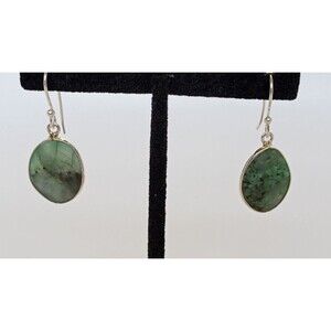 Genuine Emerald & 925 Sterling Silver Oval Dangle Earrings 1.75 inch